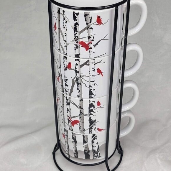 White River Cardinal on Birch Stackable Coffee Mugs Set of 4 With Rack Rustic - Picture 2 of 16